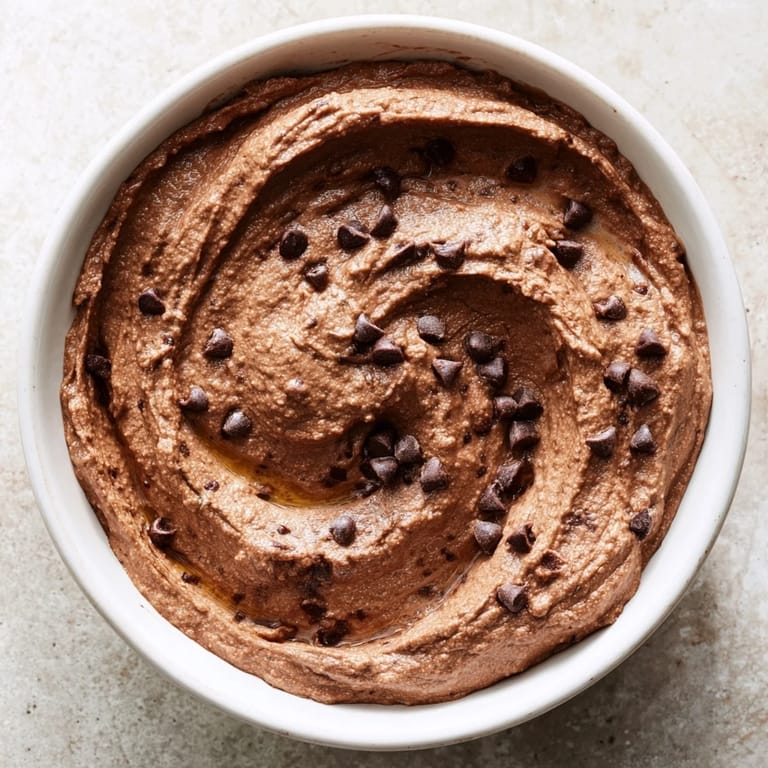 Silky smooth chocolate hummus, swirled and topped with chocolate chips, ready for serving.