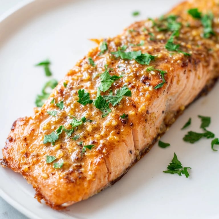 Flavorful honey mustard salmon, served hot, perfectly cooked with a flaky texture, and lightly garnished.