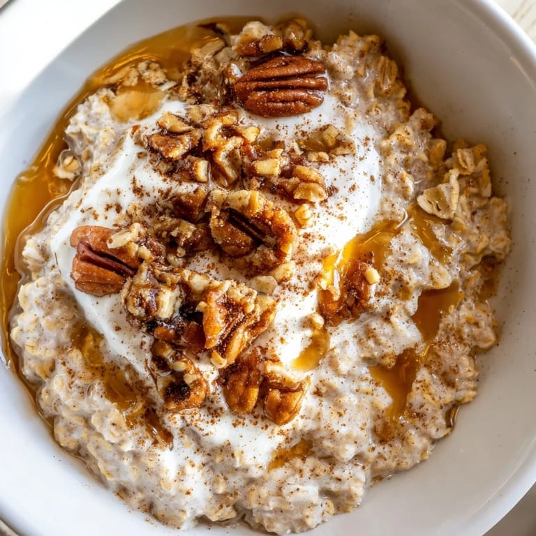 A close-up shot of the creamy and spiced pumpkin spice latte oats, ready to consume.