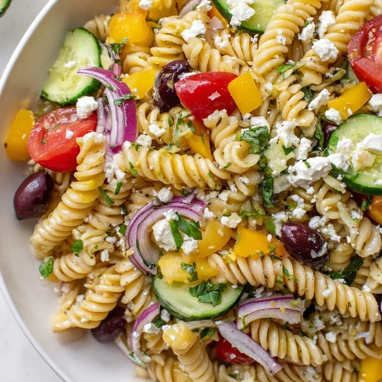 A close-up of zesty Lemon Pasta Salad, full of bright colors and a tangy, delicious dressing.