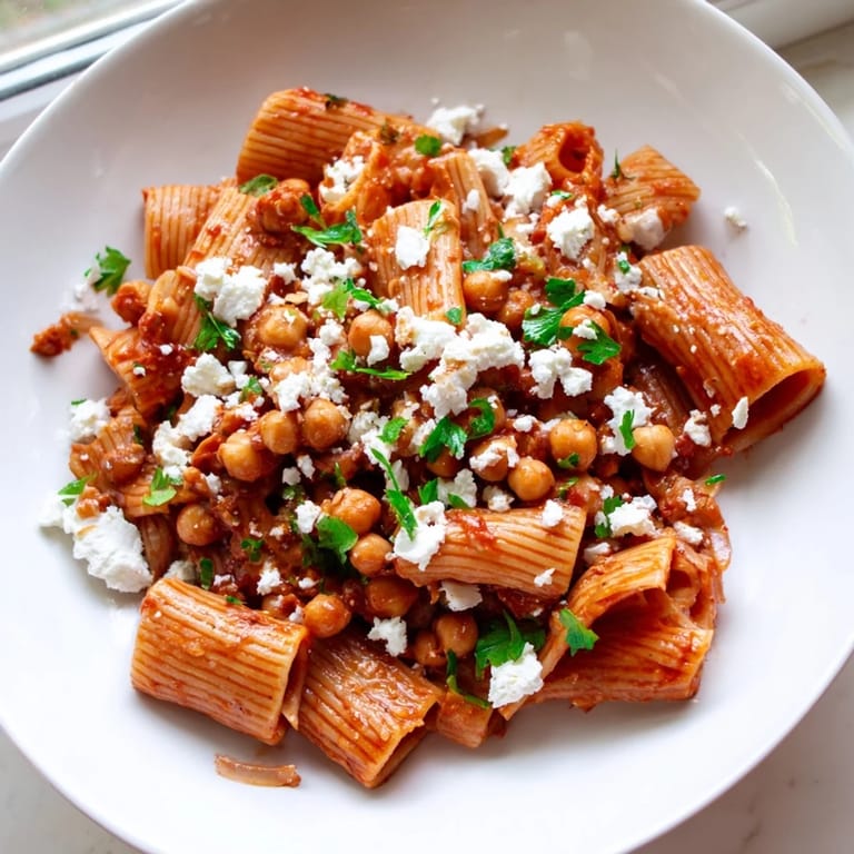 A close-up shot of a vibrant harissa chickpea pasta bowl, ready to enjoy with crumbled feta.