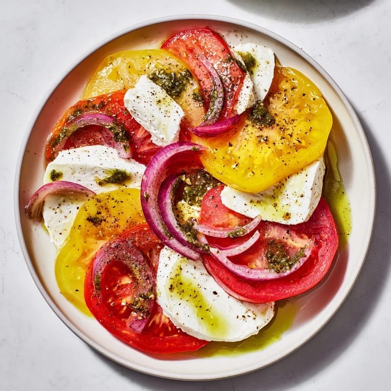 Cool, creamy mozzarella melts amidst colorful tomatoes in this simple Summer Tomato Salad.