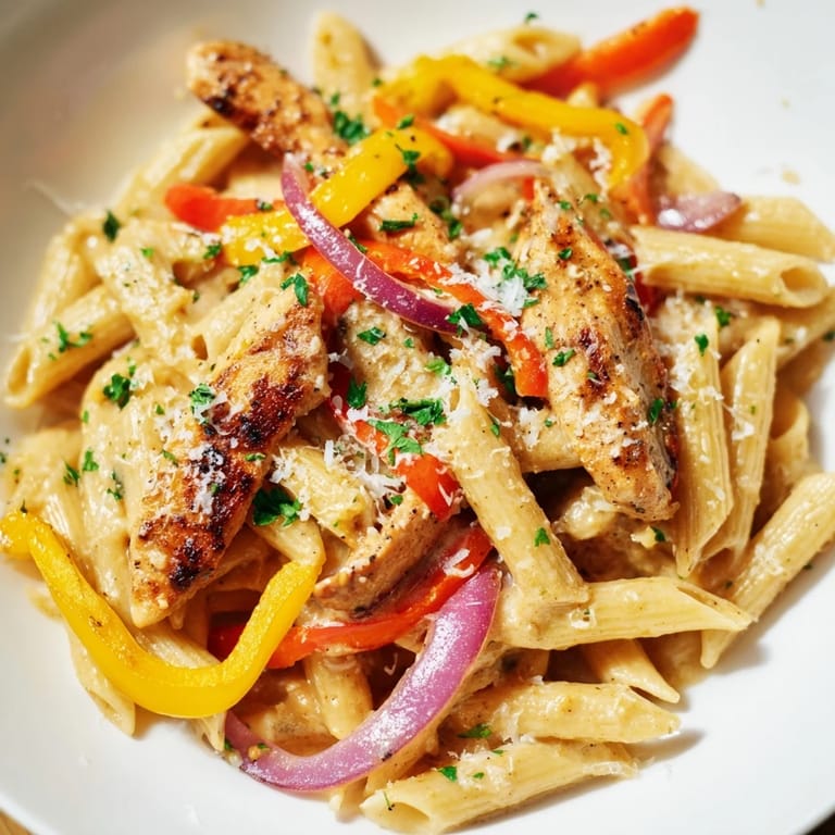 This photo of Cajun Chicken Pasta shows tender chicken and penne in a rich, cheesy sauce.