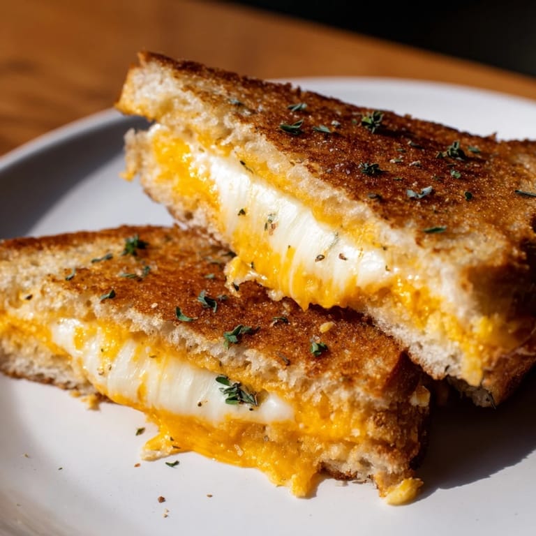 Close-up of a Garlic Butter Mayo Grilled Cheese with a browned, textured crust and melted cheese pull.