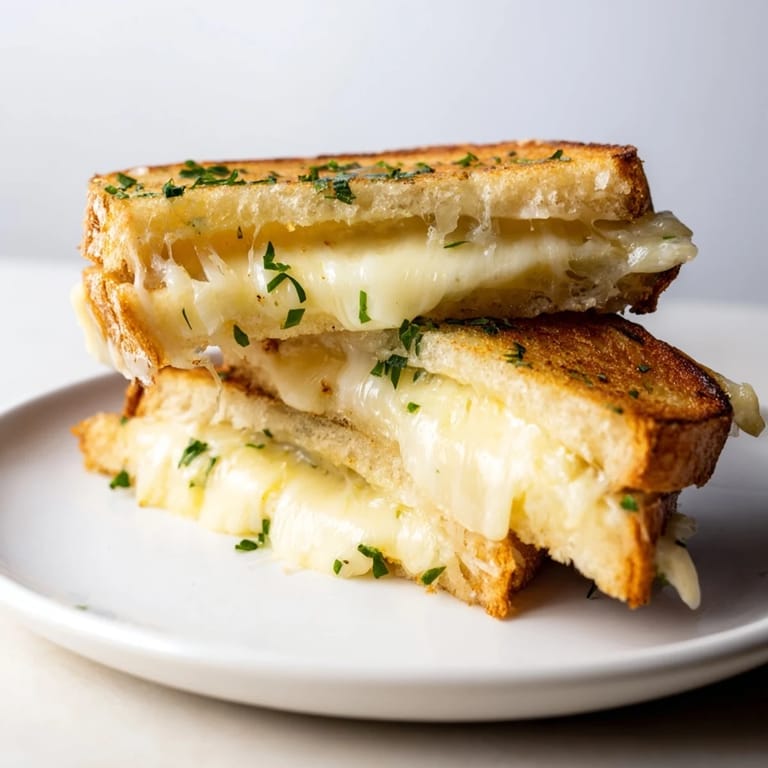 Crispy sourdough Garlic Butter Mayo Grilled Cheese sandwich with oozing cheddar cheese, a perfect bite.
