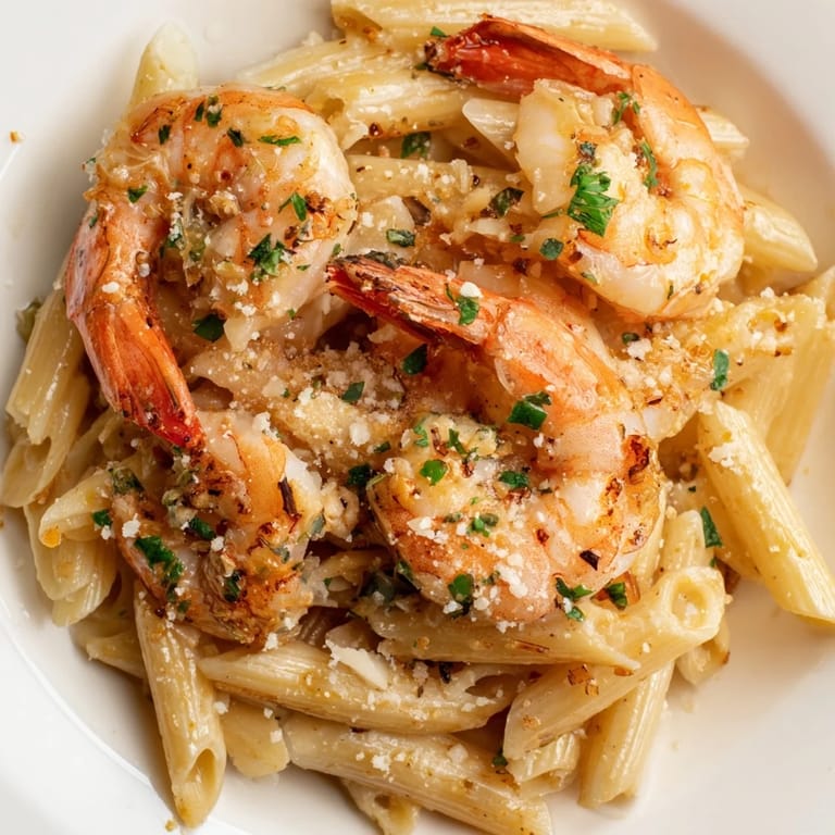 Steaming bowl of Garlic Shrimp Penne with fresh herbs and Parmesan, ready to enjoy.
