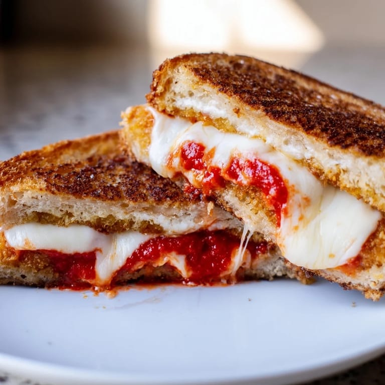 Warm, melty Mozzarella Stick Grilled Cheese, sliced and showing the gooey cheese pull, so delicious!