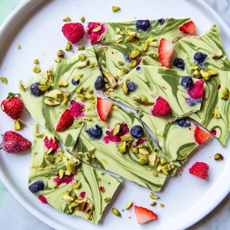 Cool and refreshing Frozen Yogurt Bark showcases a beautiful mosaic of matcha, berries, and pistachio cream.