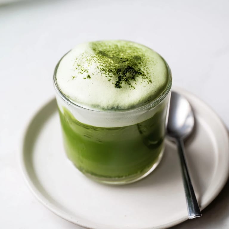 Enjoy the bright green hue of a delicious, homemade creamy matcha latte, ready to sip.