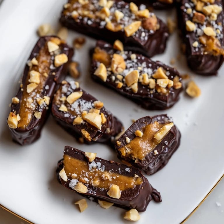 Visualize delicious Date Bark Snickers-Style -- sweet dates coated in chocolate with a peanut butter center.