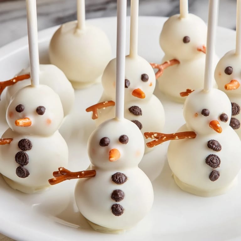 Festive Oreo Snowman Cake Pops with mini chocolate chip eyes and pretzel arms, ready to eat.