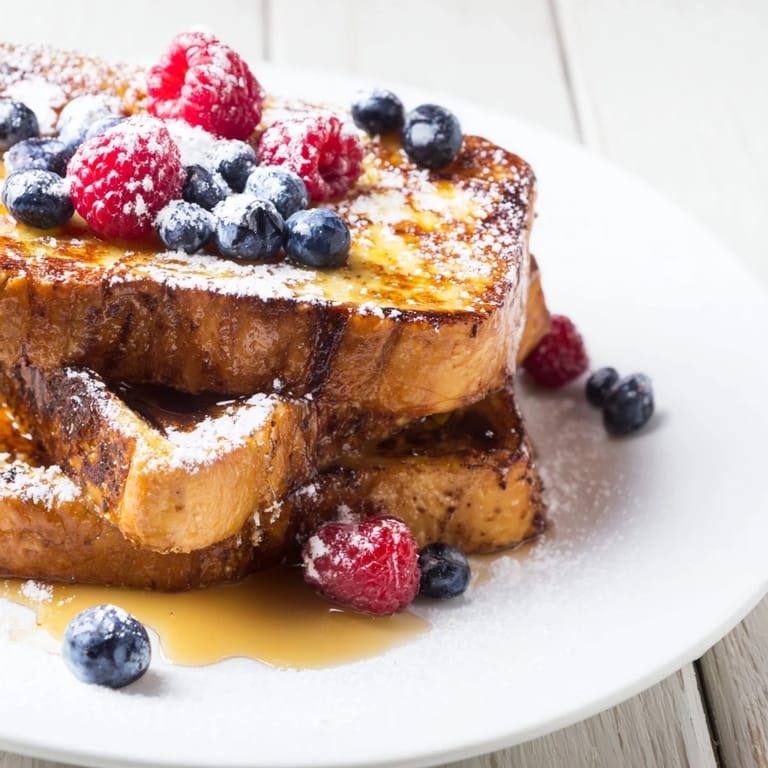 Thick-cut, golden brown Ice Cream French Toast, perfect with a sprinkle of powdered sugar.