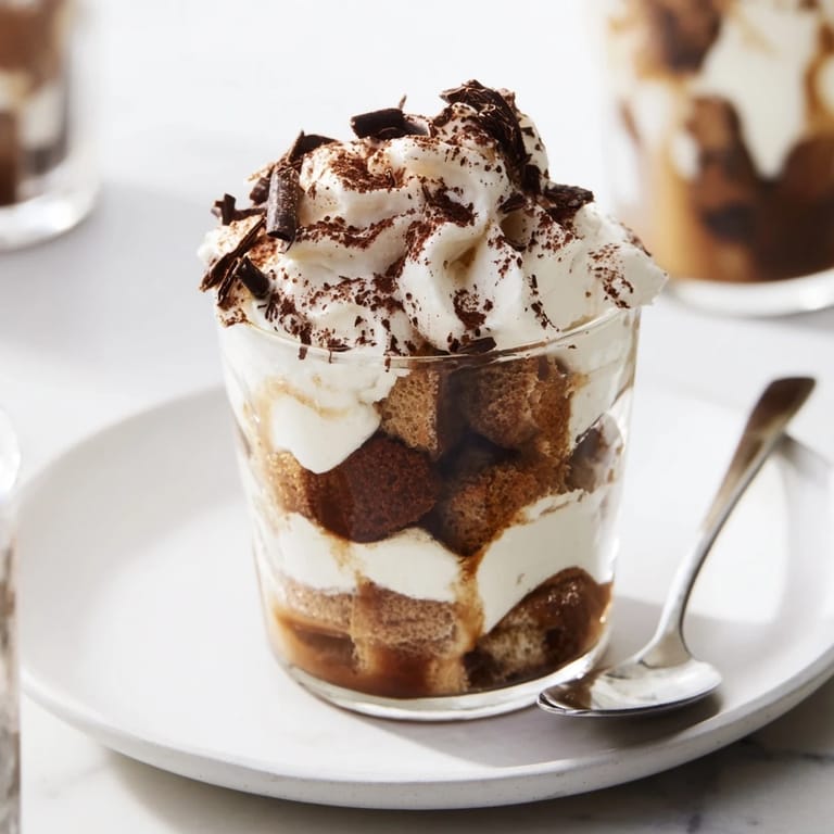 Creamy layers of mascarpone and espresso-soaked ladyfingers in festive Deconstructed Tiramisu Shots.