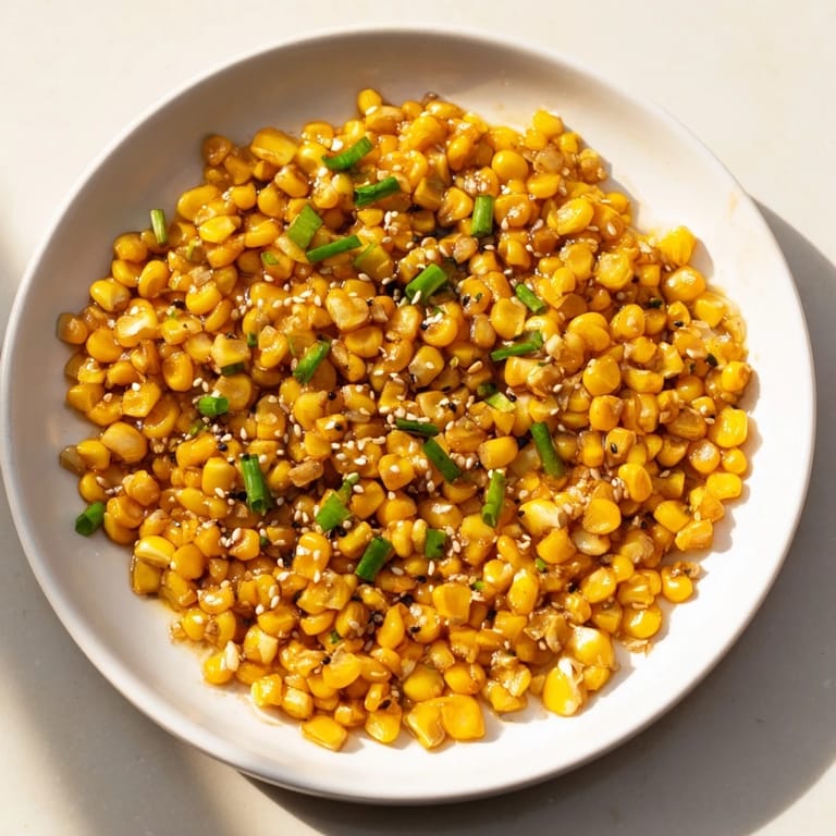 A close-up shot of Japanese Butter Corn, perfectly sautéed with garlic and soy sauce.