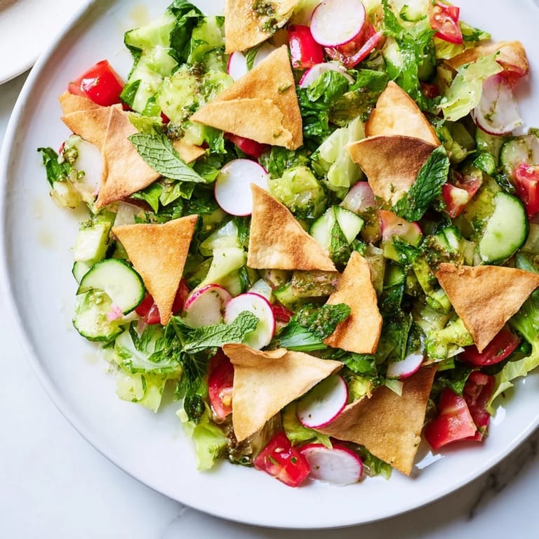 This inviting Lebanese Fattoush Salad presents a vibrant medley of textures and flavors in a bowl.