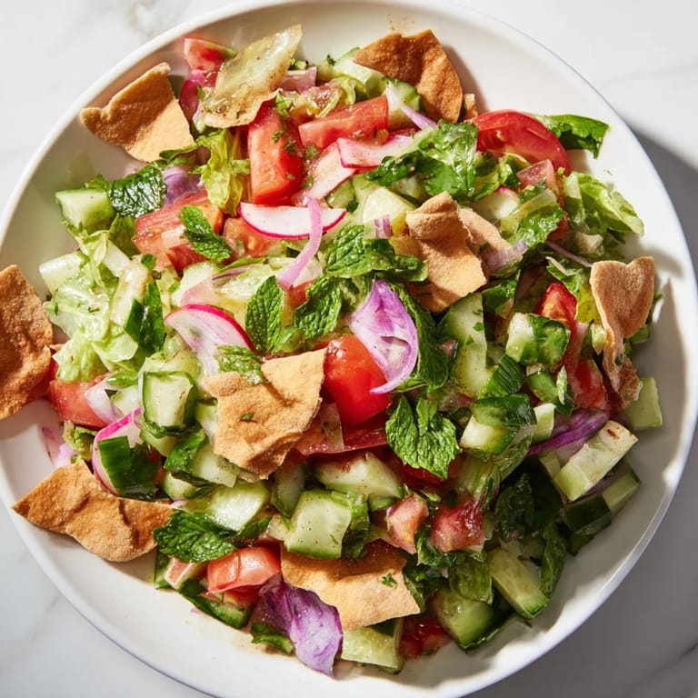 Enjoy this refreshing Lebanese Fattoush Salad with bright herbs, tomatoes, and a tangy sumac dressing.