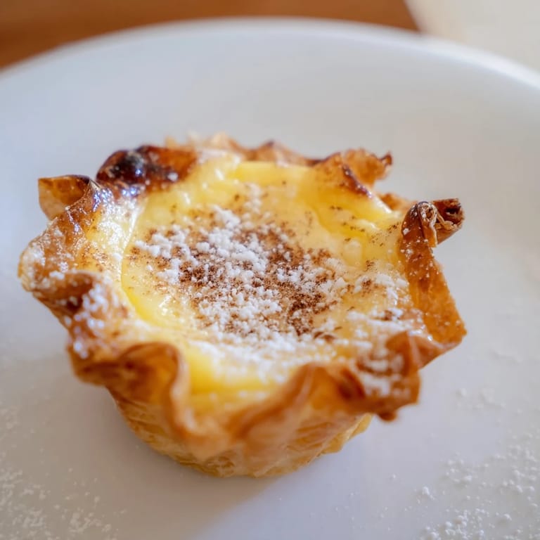 A beautiful picture of freshly baked Portuguese egg tarts dusted with powdered sugar, ready to enjoy.