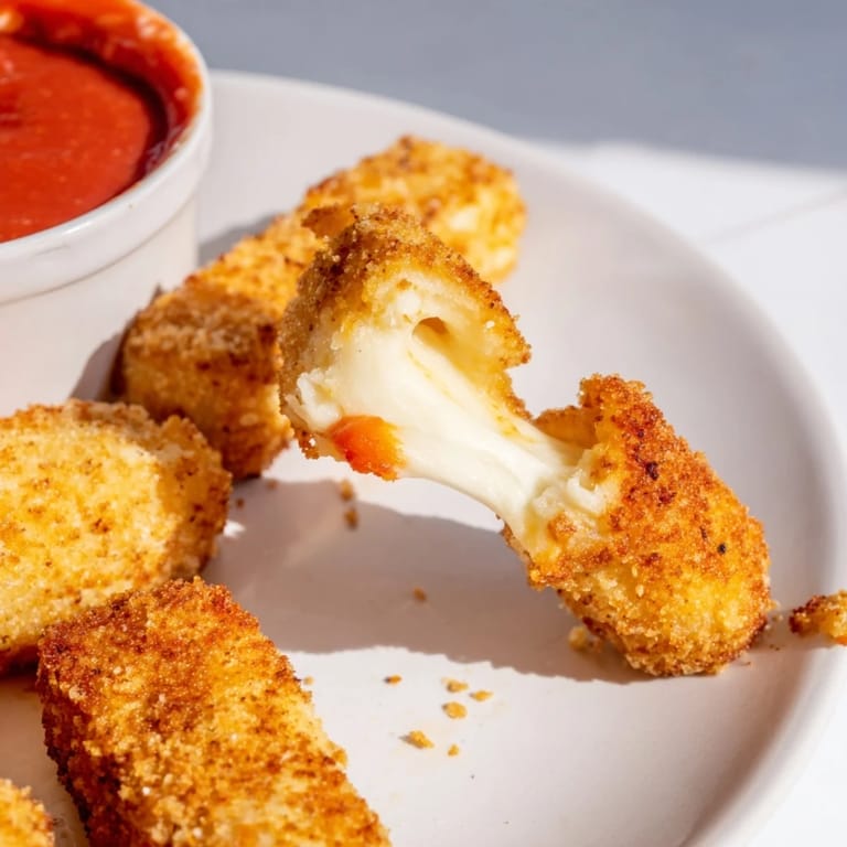 Crisp, golden Air Fryer Mozzarella Sticks on a platter, paired with a dipping sauce for a savory snack.