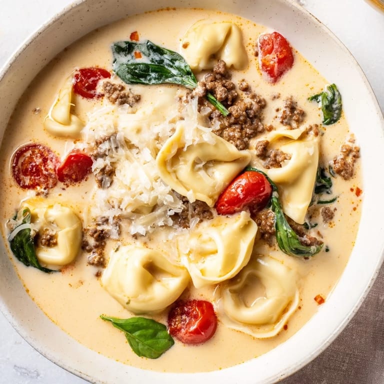Comforting Tortellini Beef Soup featuring plump pasta and ground beef swimming in a rich, creamy tomato broth, perfect for a cozy family dinner.