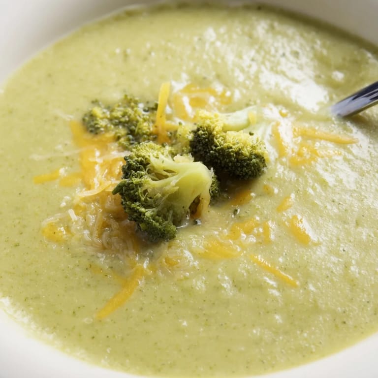 A ladle pours velvety broccoli cheddar soup into a bread bowl, steam rising on a cozy wooden table.  