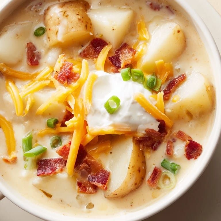 Close-up of Loaded Baked Potato Soup in a mug, revealing a velvety broth with tender potatoes, bacon bits, and shredded cheese.