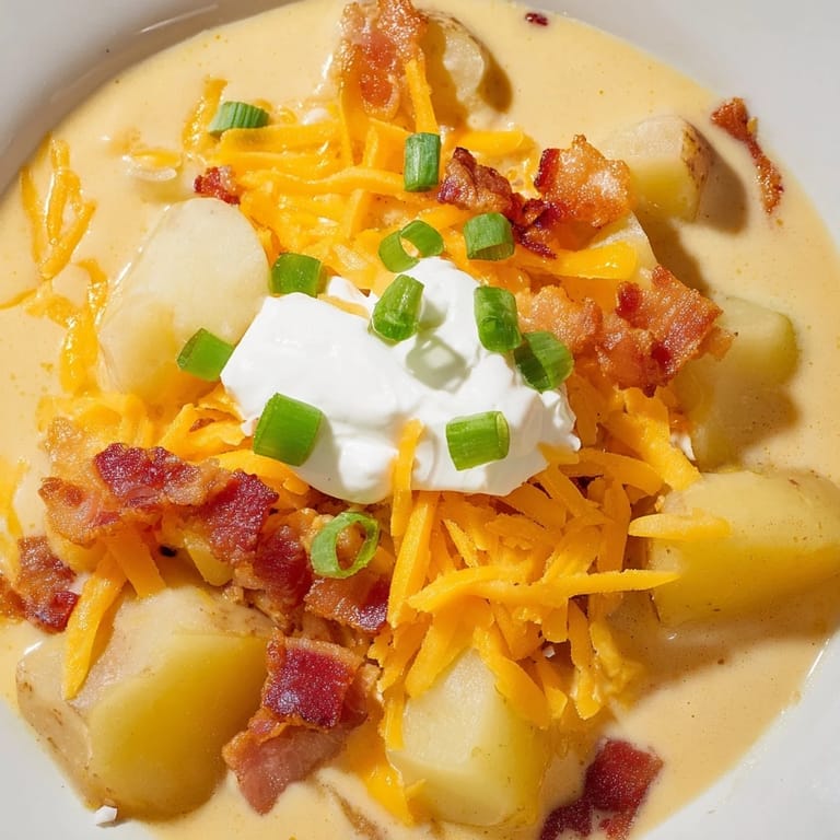 Loaded Baked Potato Soup simmering in a pot, featuring creamy chunks of potato, melted cheddar, and a garnish of sour cream.