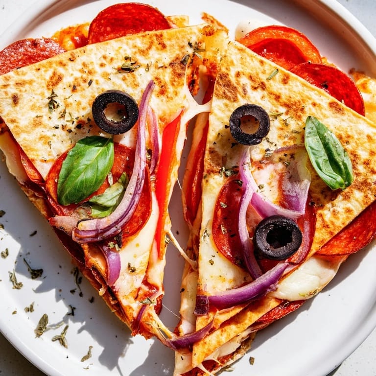 Freshly cooked tortilla pizza wrap with bubbling cheese, red peppers, olives, and a hint of oregano garnish.