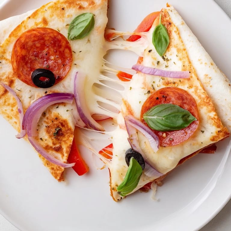Folded and pan-toasted tortilla pizza wrap stuffed with savory toppings, cut diagonally for a perfect snack or meal.