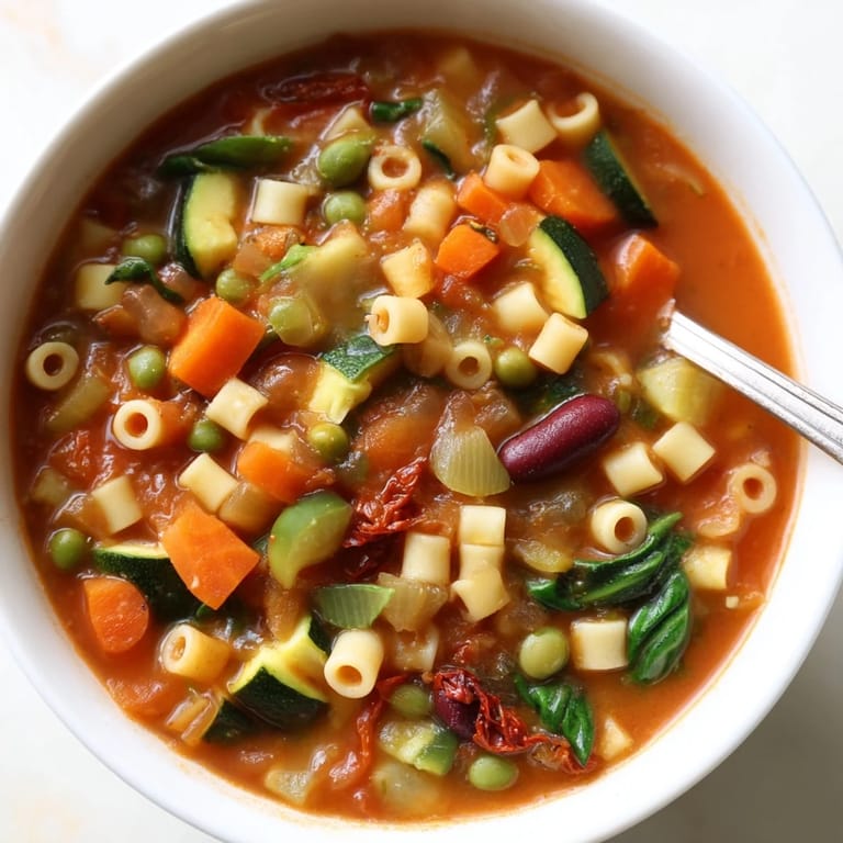 An overhead view of Minestrone Soup in a jar reveals vibrant spinach, peas, and sun-dried tomatoes ready to be hydrated.  