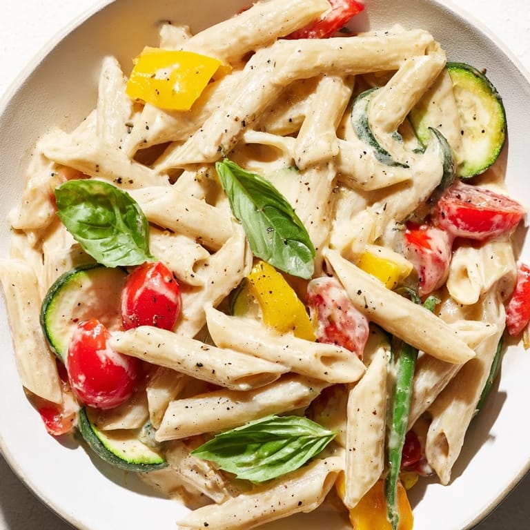 One-Pot Creamy Pasta Primavera served in a bowl with fresh basil garnish and al dente penne.  