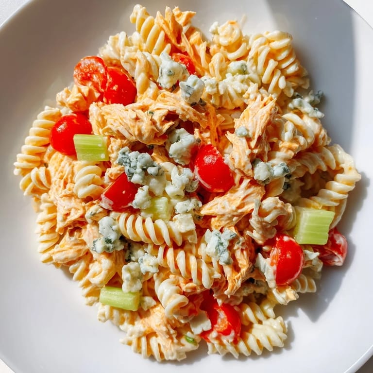 Chilled rotini pasta salad featuring buffalo chicken, cherry tomatoes, and red onion tossed in a zesty ranch dressing.