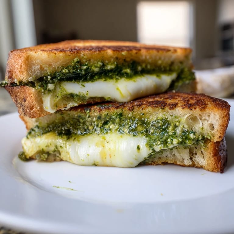 This vegetarian Spinach Pesto Grilled Cheese features garlicky green pesto and gooey cheese on buttery sourdough.  
