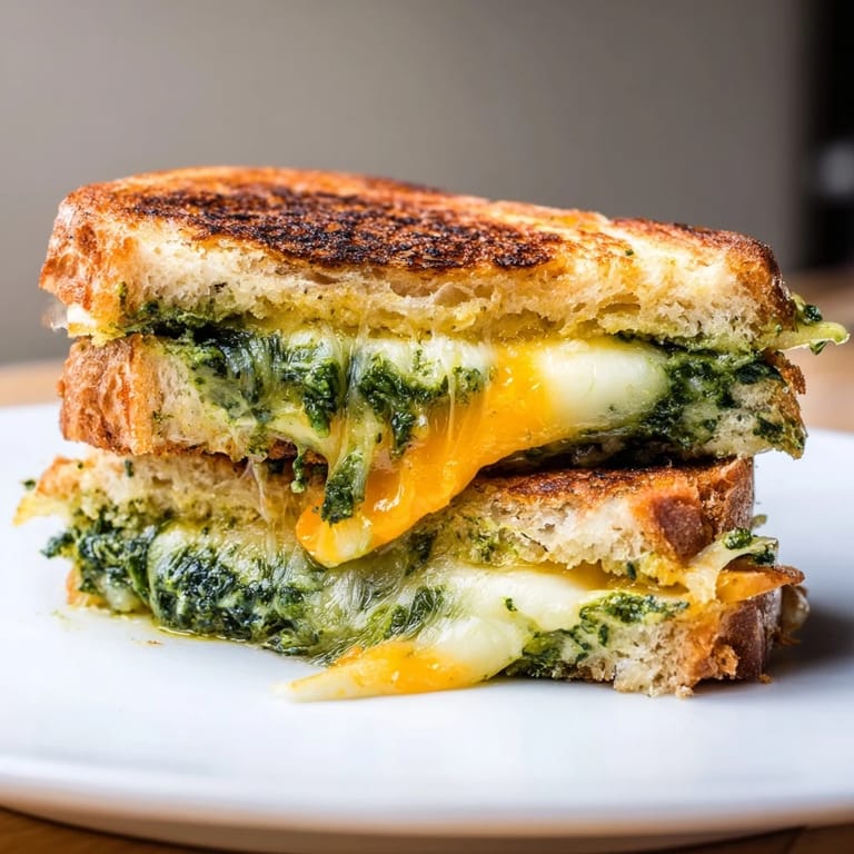 A toasted Spinach Pesto Grilled Cheese served beside a simple green salad and a cup of tomato soup.