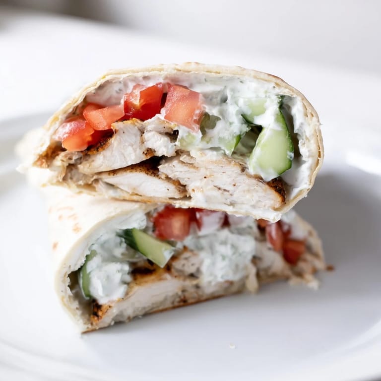 A close-up of the Greek Chicken Wrap, showcasing creamy tzatziki and colorful Mediterranean ingredients inside.