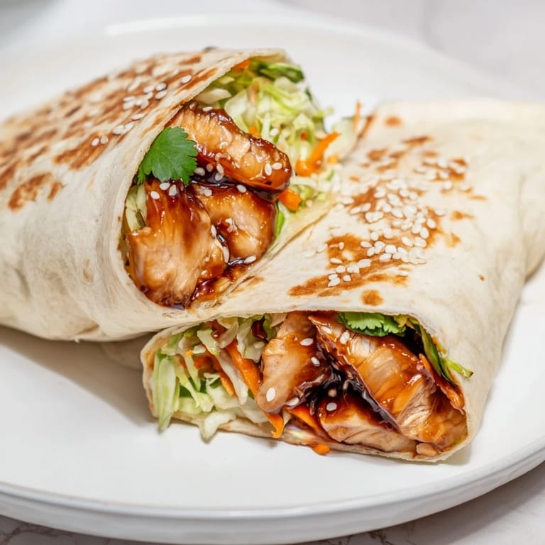 Close-up of a Teriyaki Chicken Wrap cut in half, revealing tender chicken, crunchy veggies, and glossy teriyaki glaze in a soft tortilla.