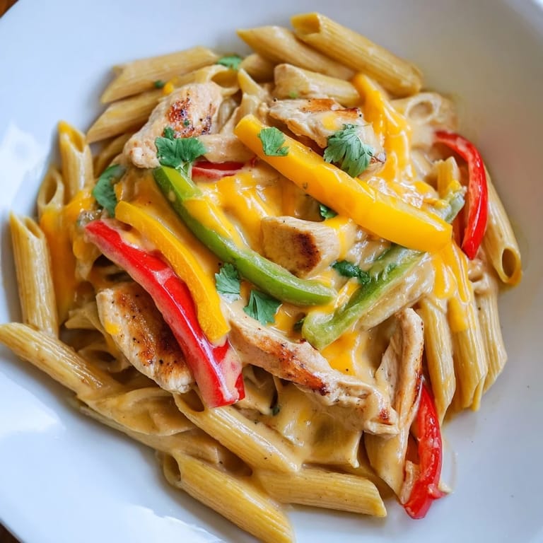 A hearty one-pan skillet of chicken fajita pasta, finished with melty cheddar and fresh cilantro garnish.