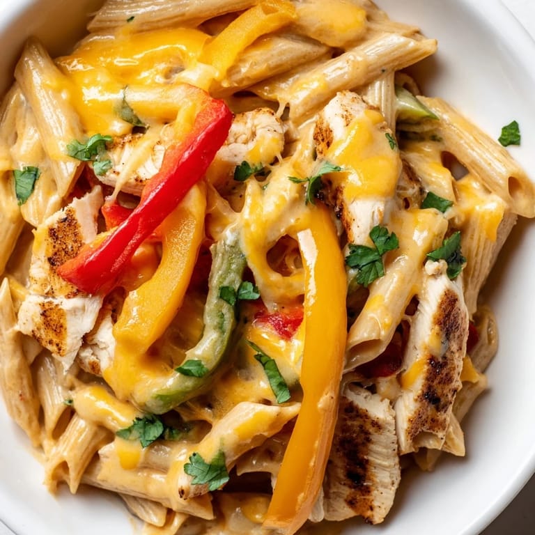 Tender pasta and juicy chicken in a zesty Tex-Mex sauce, served with lime wedges for a bright finish.