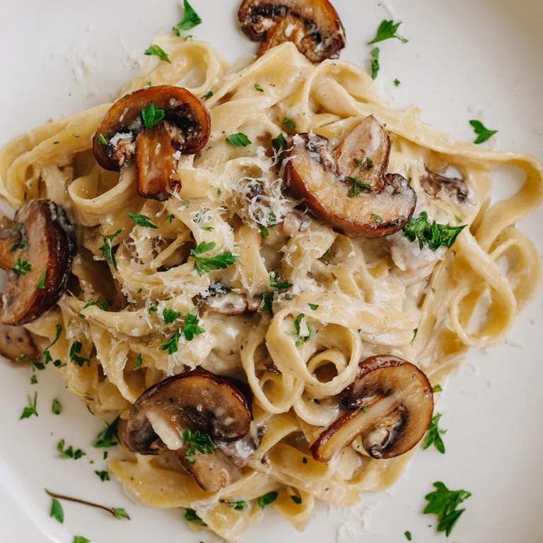 Serve this comforting Creamy Mushroom Alfredo in a white bowl, garnished with fresh parsley and a generous sprinkle of Parmesan.