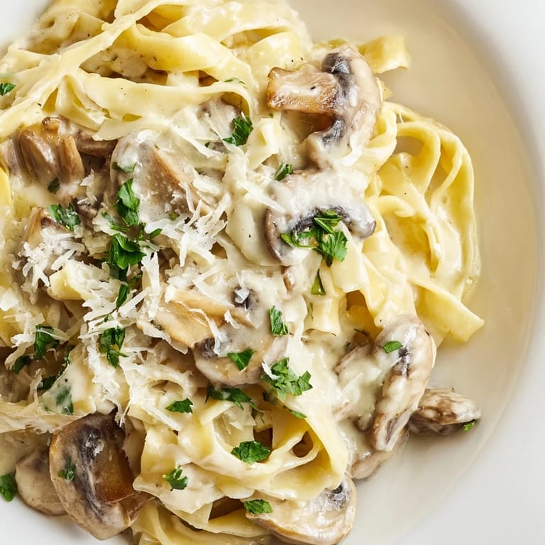A close-up of Creamy Mushroom Alfredo, featuring al dente pasta draped in luscious garlic cream sauce and savory cremini mushrooms.