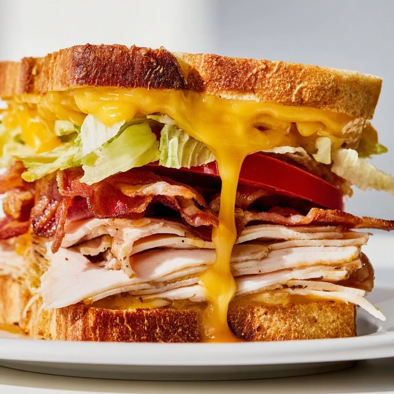 This hearty Turkey Club Grilled Cheese features toasted sourdough, smoky bacon, and melted cheese, sliced to reveal layers of roasted turkey and crisp veggies.  