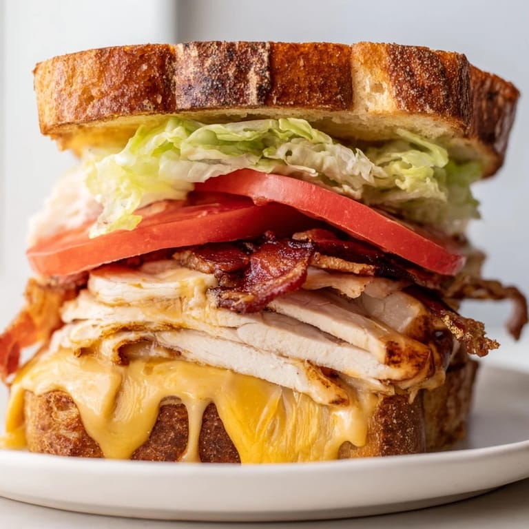 A close-up of a Turkey Club Grilled Cheese shows golden-brown bread, melty cheese, and colorful layers of turkey, bacon, tomato, and romaine.