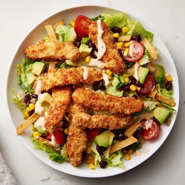 Enjoy this Crispy Chicken Taco Salad as a satisfying Tex-Mex lunch, drizzled with tangy salsa ranch dressing.