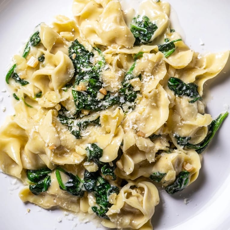 A comforting bowl of creamy spinach garlic noodles, garnished with extra Parmesan and red pepper flakes.