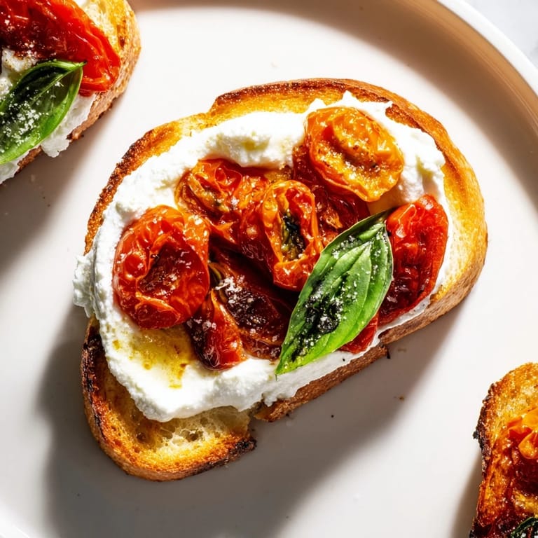 Rustic Mediterranean tomato ricotta toast, featuring juicy roasted tomatoes, lemony whipped ricotta, and a drizzle of olive oil.