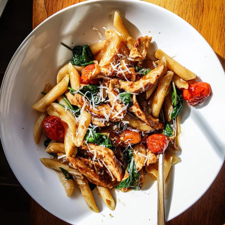 Serving of Balsamic Glazed Chicken Pasta steaming on a rustic plate, featuring vibrant red tomatoes and green herbs contrasting with the savory, saucy pasta.