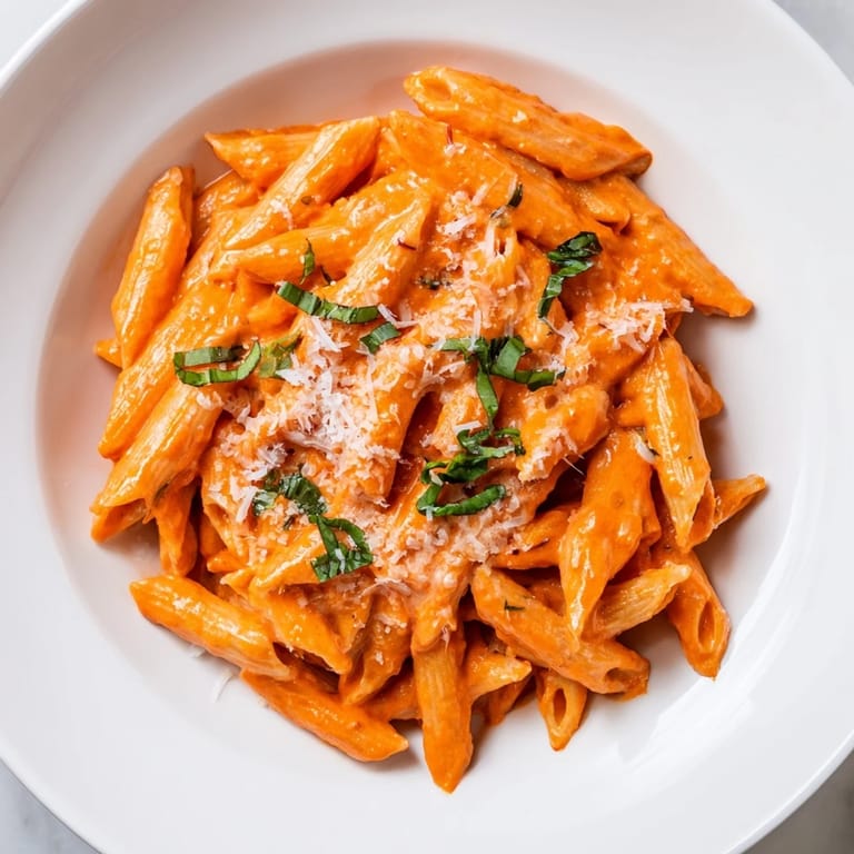 Close-up of Creamy Roasted Red Pepper Pasta garnished with chopped parsley and extra Parmesan, fork ready for a weeknight meal.