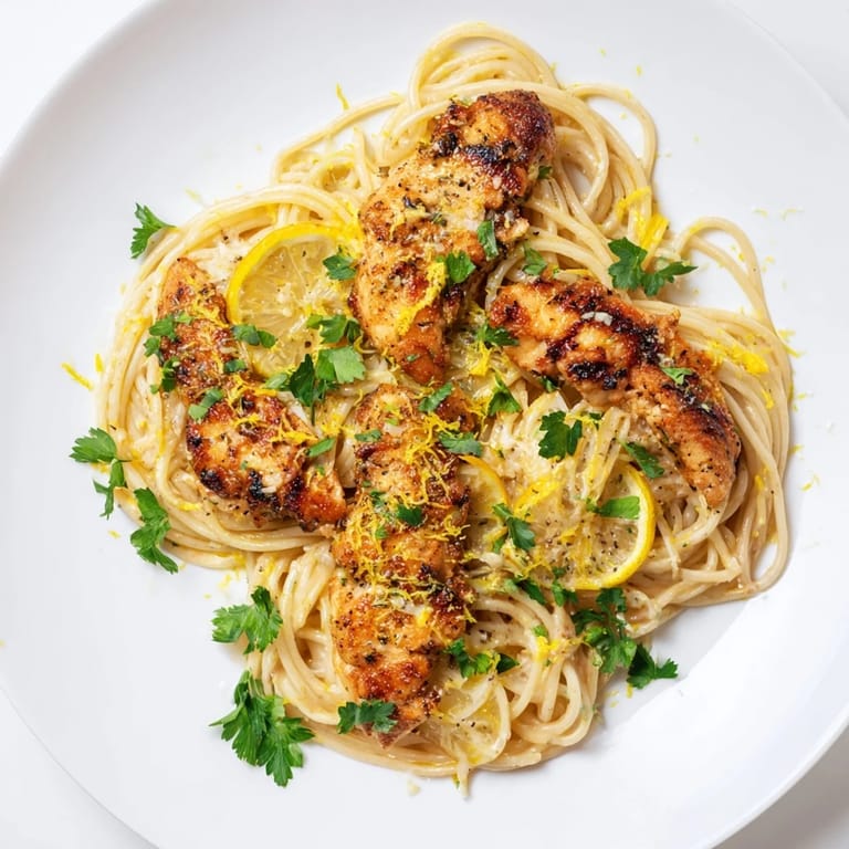 Serving suggestion for Brown Butter Lemon Chicken Pasta with lemon wedges on the side, plated beside a crisp green salad.