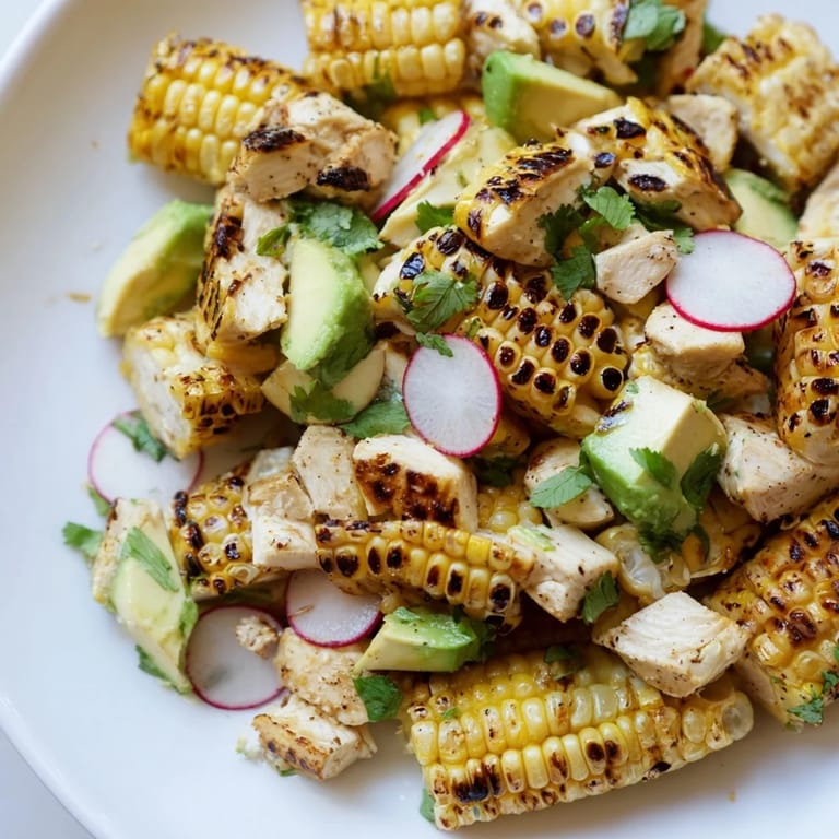 Perfectly tossed Roasted Corn & Chicken Chopped Salad featuring juicy grilled chicken, diced avocado, and crisp romaine with a honey-lime vinaigrette on a wooden table.