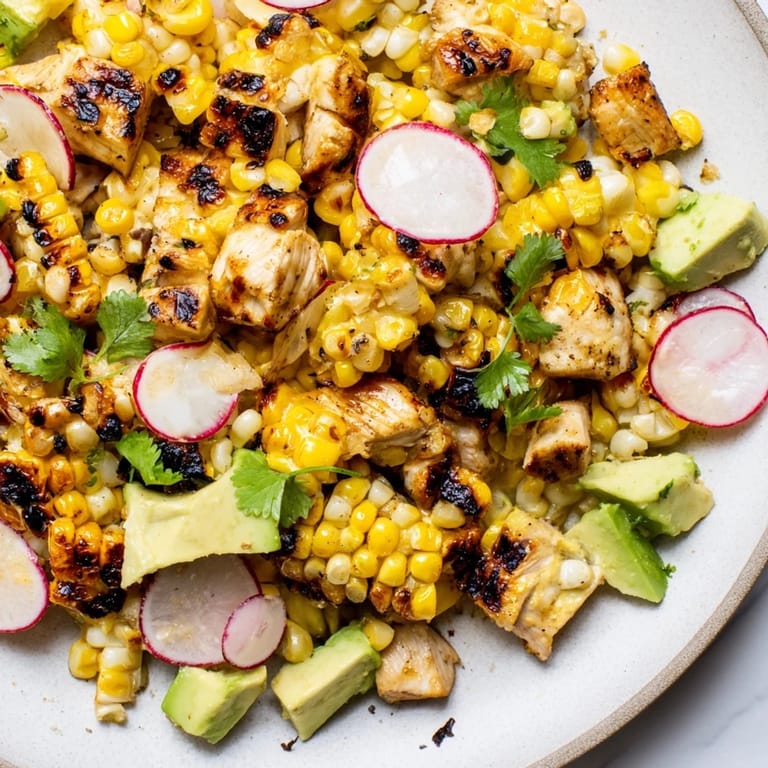 Hearty Roasted Corn & Chicken Chopped Salad served in a rustic bowl, garnished with fresh cilantro, cherry tomatoes, and red onion for a refreshing summer dinner.