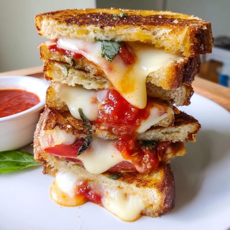A close-up of crispy Caprese Grilled Cheese Dippers, revealing gooey cheese and vibrant basil leaves.
